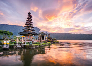 Pura Ulun Danu Bratan, Hindu temple on Bratan lake landscape, one of famous tourist attraction in Bali, Indonesia